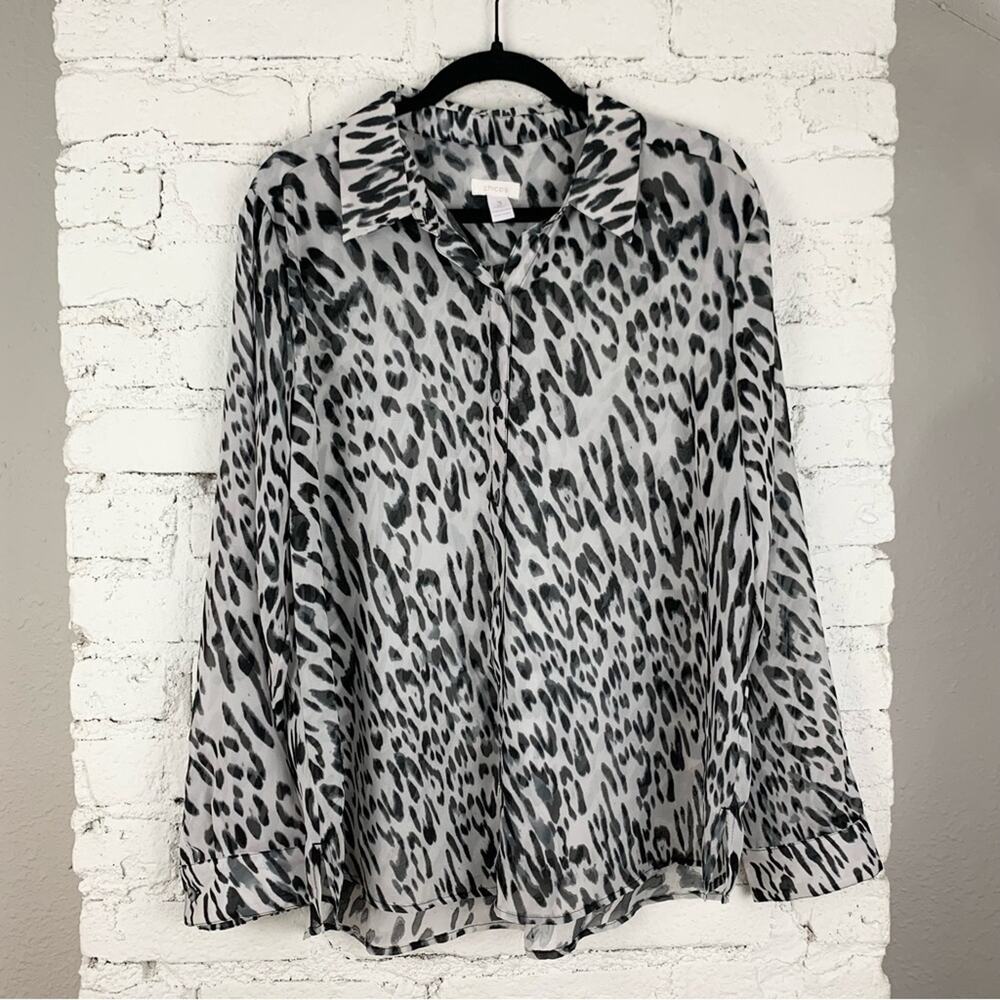 Chicos Animal Print Button Down Grey Black Blouse 3